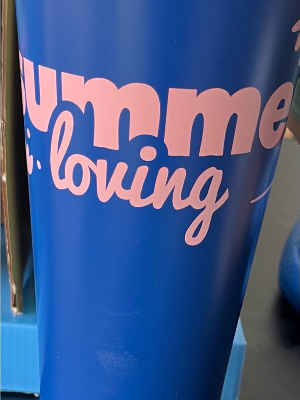 Blue Insulated Water Bottle with Pink Script Accent